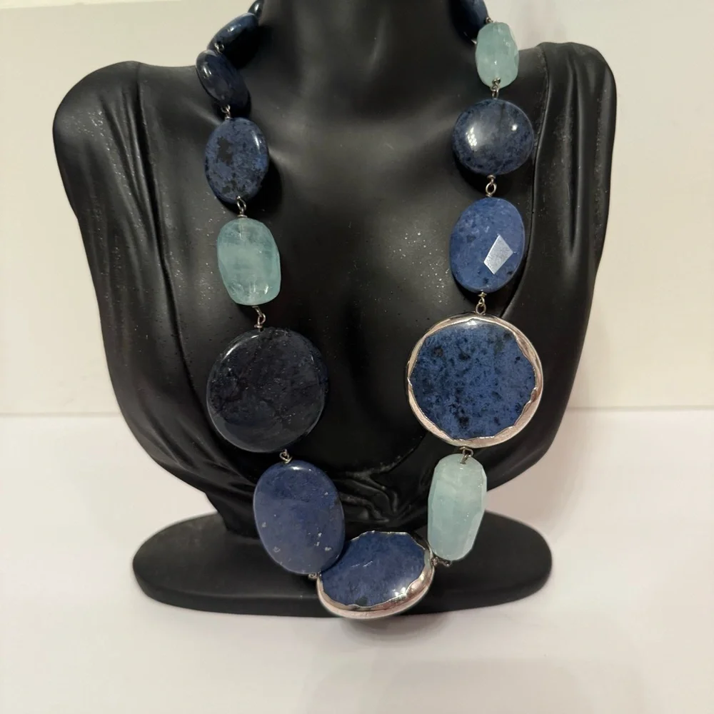 NECKLACE DUMORTIERITE BLUE & GREEN QUARTZ CHUNKY STATEMENT STERLING SILVER 925